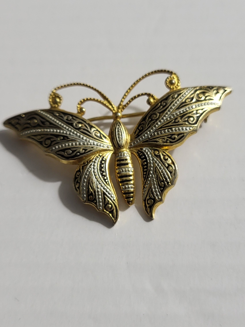 Vintage Damascene Made In Spain Gold Butterfly Filigree Brooch